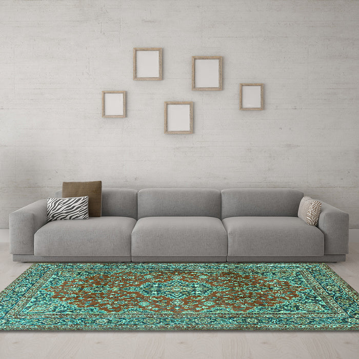 Machine Washable Persian Turquoise Traditional Area Rugs in a Living Room,, wshtr2811turq