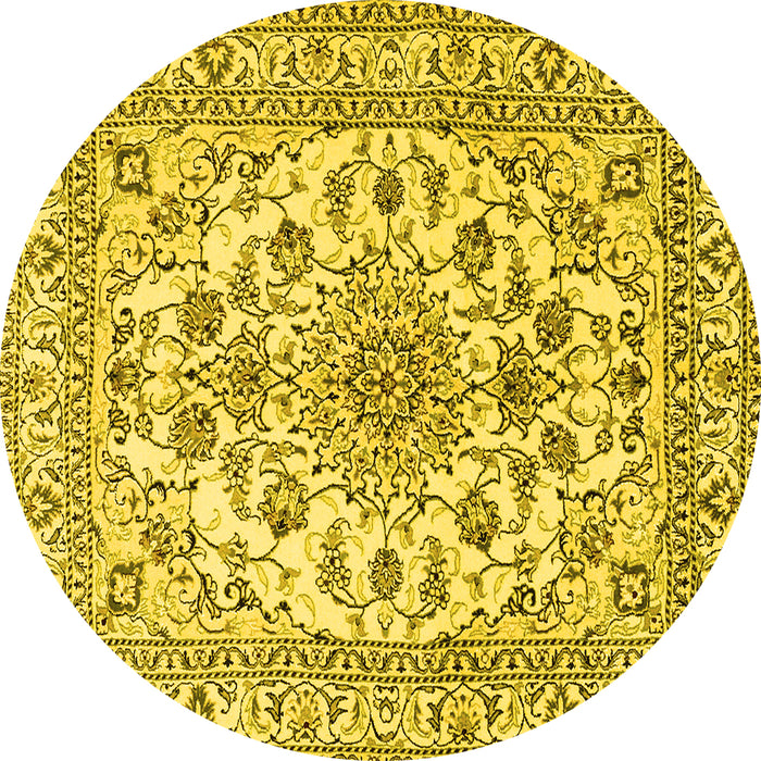 Round Machine Washable Medallion Yellow Traditional Rug, wshtr2813yw