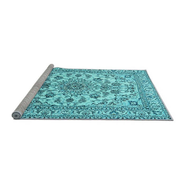 Sideview of Machine Washable Medallion Light Blue Traditional Rug, wshtr2813lblu
