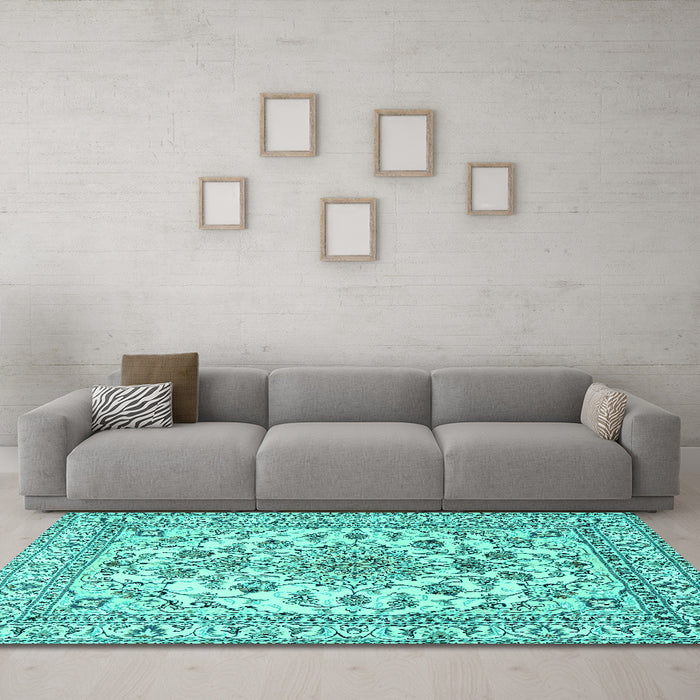 Machine Washable Medallion Turquoise Traditional Area Rugs in a Living Room,, wshtr2813turq