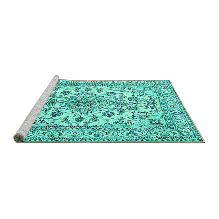 Sideview of Machine Washable Medallion Turquoise Traditional Area Rugs, wshtr2813turq