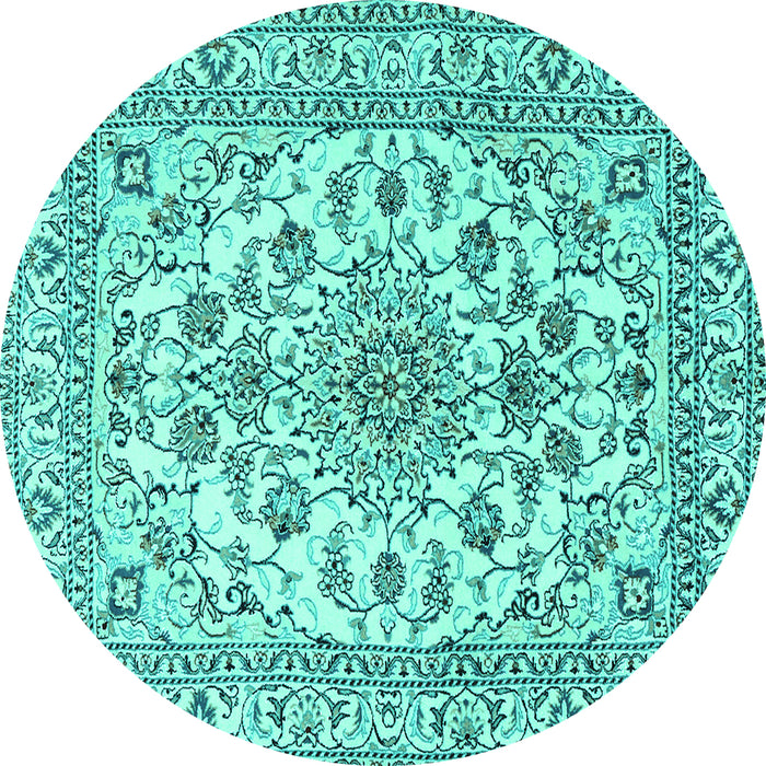 Round Machine Washable Medallion Turquoise Traditional Area Rugs, wshtr2813turq