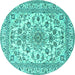 Round Machine Washable Medallion Turquoise Traditional Area Rugs, wshtr2813turq