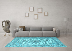 Machine Washable Medallion Light Blue Traditional Rug in a Living Room, wshtr2813lblu