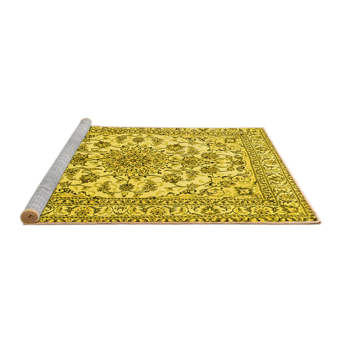 Sideview of Machine Washable Medallion Yellow Traditional Rug, wshtr2813yw