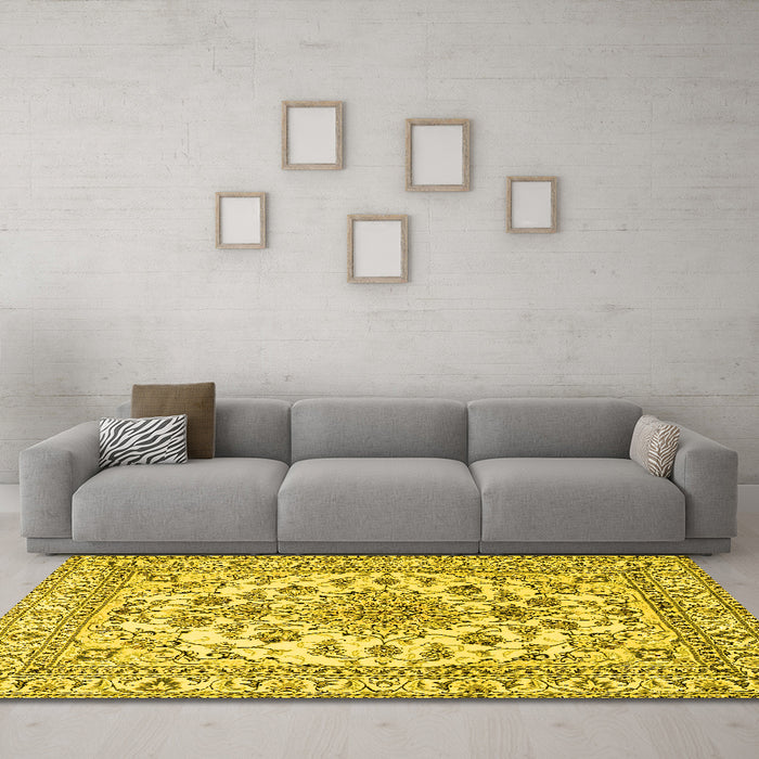 Machine Washable Medallion Yellow Traditional Rug in a Living Room, wshtr2813yw