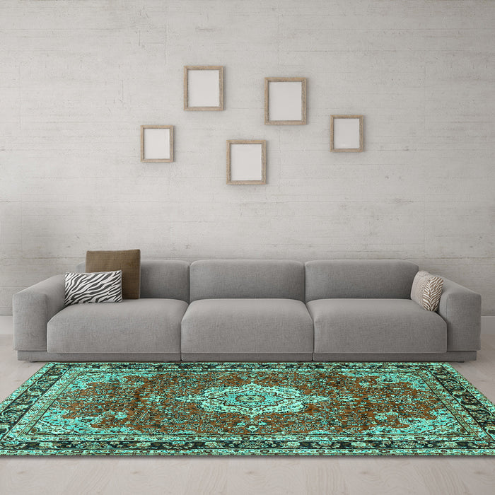 Machine Washable Persian Turquoise Traditional Area Rugs in a Living Room,, wshtr2814turq