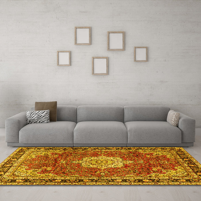 Machine Washable Persian Yellow Traditional Rug in a Living Room, wshtr2814yw