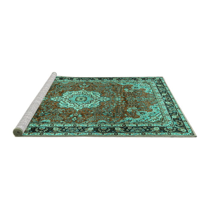 Sideview of Machine Washable Persian Turquoise Traditional Area Rugs, wshtr2814turq