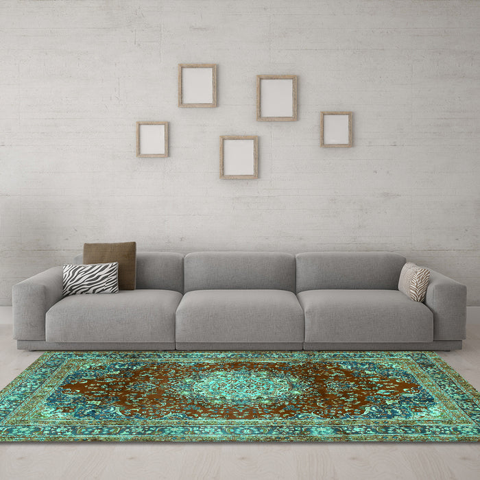 Machine Washable Medallion Turquoise Traditional Area Rugs in a Living Room,, wshtr2815turq