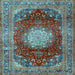 Square Machine Washable Medallion Light Blue Traditional Rug, wshtr2815lblu