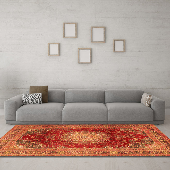 Machine Washable Medallion Orange Traditional Area Rugs in a Living Room, wshtr2815org
