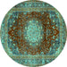 Round Machine Washable Medallion Turquoise Traditional Area Rugs, wshtr2815turq