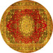 Round Machine Washable Medallion Yellow Traditional Rug, wshtr2815yw