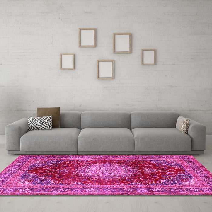Machine Washable Medallion Pink Traditional Rug in a Living Room, wshtr2815pnk