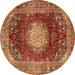 Round Machine Washable Medallion Brown Traditional Rug, wshtr2815brn