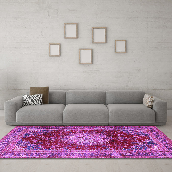 Machine Washable Medallion Purple Traditional Area Rugs in a Living Room, wshtr2815pur
