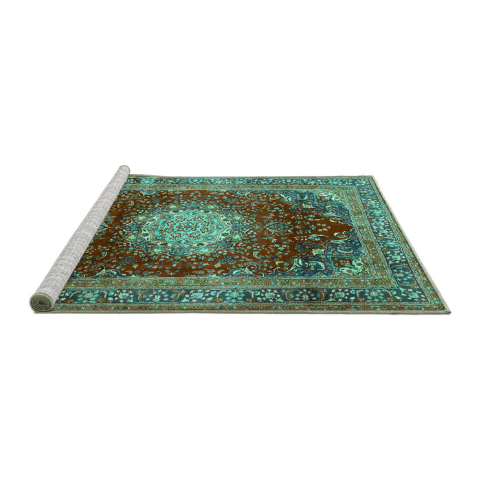 Sideview of Machine Washable Medallion Turquoise Traditional Area Rugs, wshtr2815turq