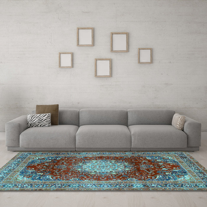 Machine Washable Medallion Light Blue Traditional Rug in a Living Room, wshtr2815lblu