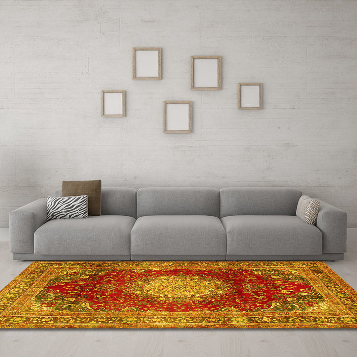 Machine Washable Medallion Yellow Traditional Rug in a Living Room, wshtr2815yw