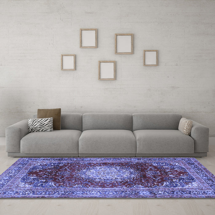 Machine Washable Medallion Blue Traditional Rug in a Living Room, wshtr2815blu