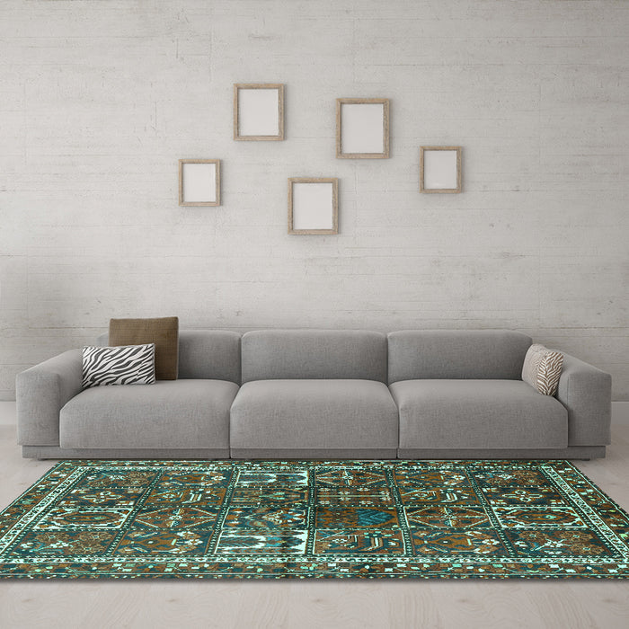 Machine Washable Persian Turquoise Traditional Area Rugs in a Living Room,, wshtr2817turq