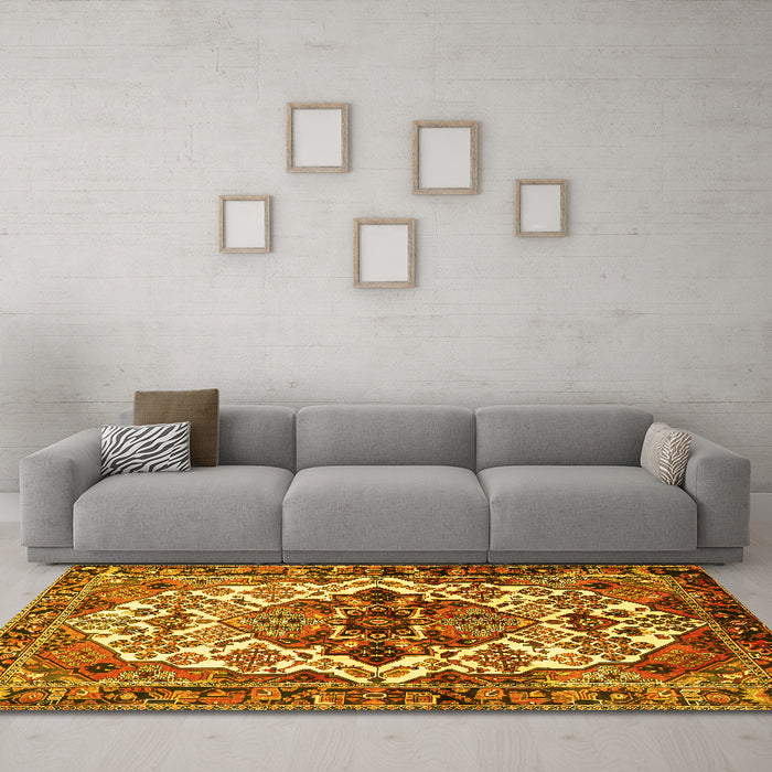 Machine Washable Persian Yellow Traditional Rug in a Living Room, wshtr2818yw
