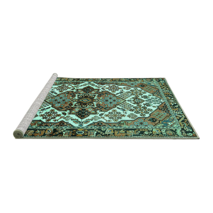 Sideview of Machine Washable Persian Turquoise Traditional Area Rugs, wshtr2818turq