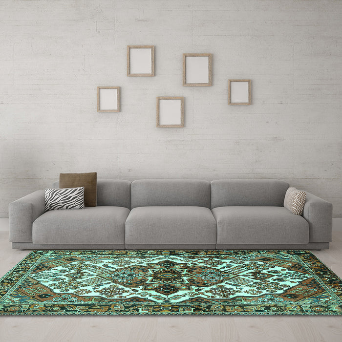 Machine Washable Persian Turquoise Traditional Area Rugs in a Living Room,, wshtr2818turq