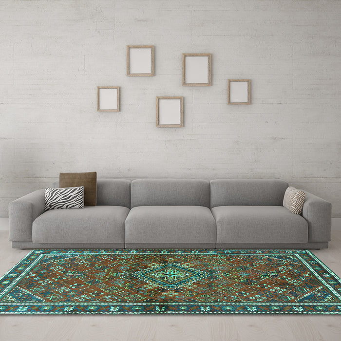 Machine Washable Persian Turquoise Traditional Area Rugs in a Living Room,, wshtr2819turq