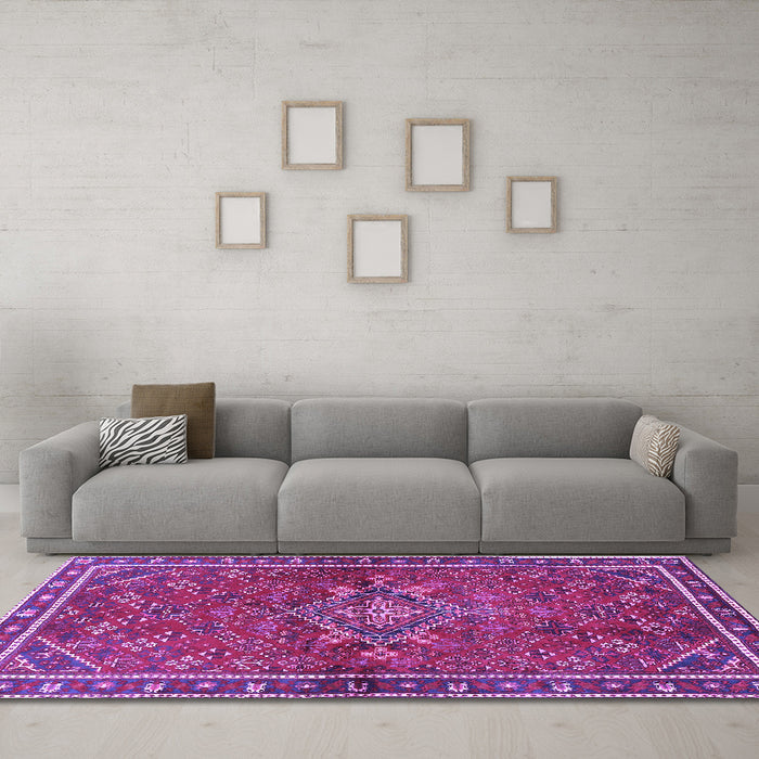 Machine Washable Persian Purple Traditional Area Rugs in a Living Room, wshtr2819pur