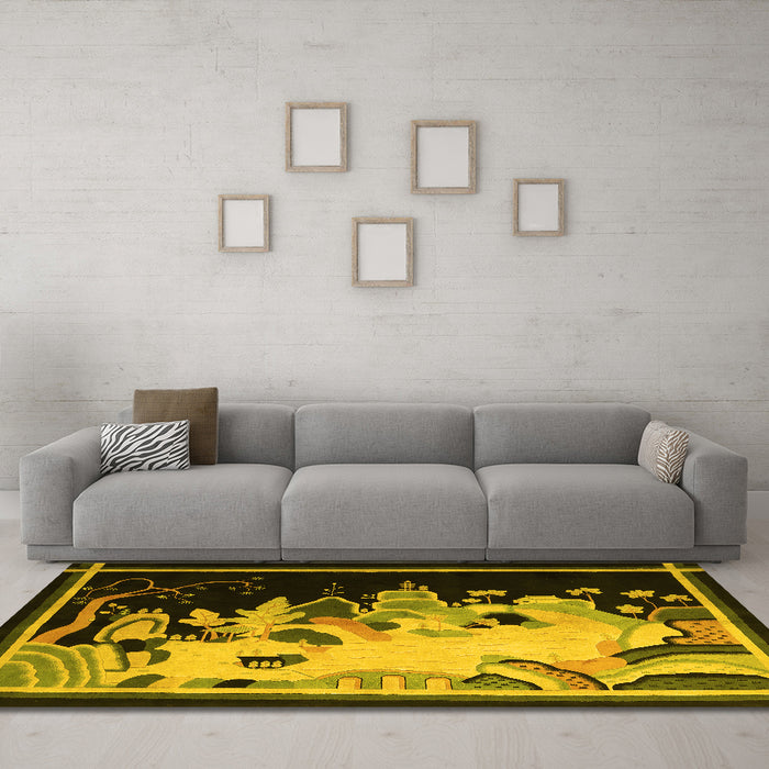 Machine Washable Oriental Yellow Asian Inspired Rug in a Living Room, wshtr281yw