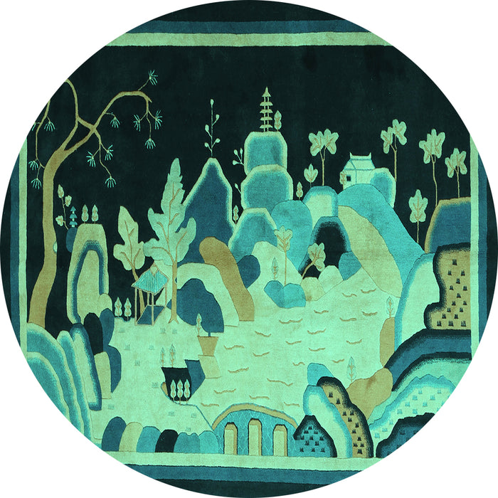 Round Oriental Turquoise Asian Inspired Rug, tr281turq