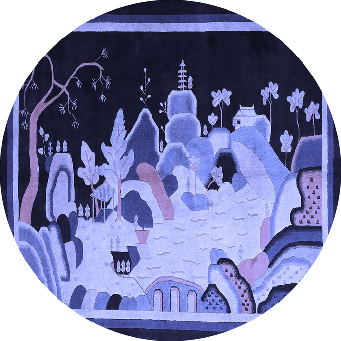 Round Machine Washable Oriental Blue Asian Inspired Rug, wshtr281blu