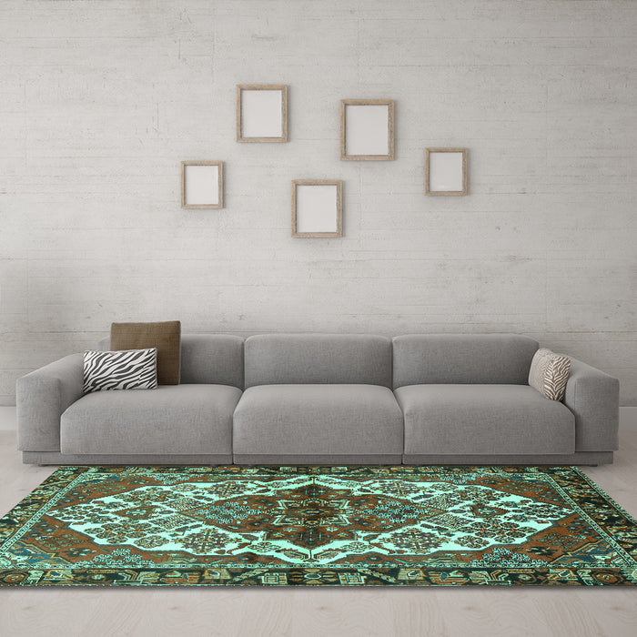 Machine Washable Persian Turquoise Traditional Area Rugs in a Living Room,, wshtr2820turq