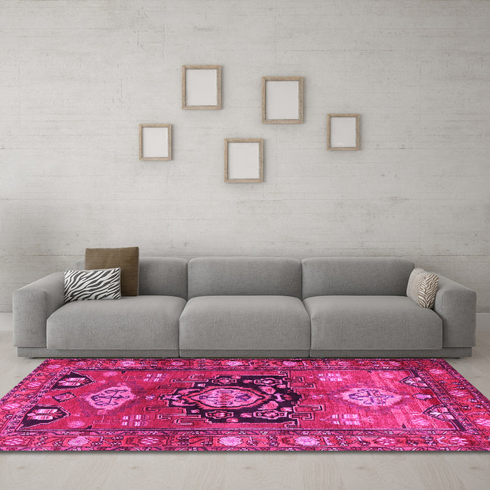 Machine Washable Persian Pink Traditional Rug in a Living Room, wshtr2821pnk