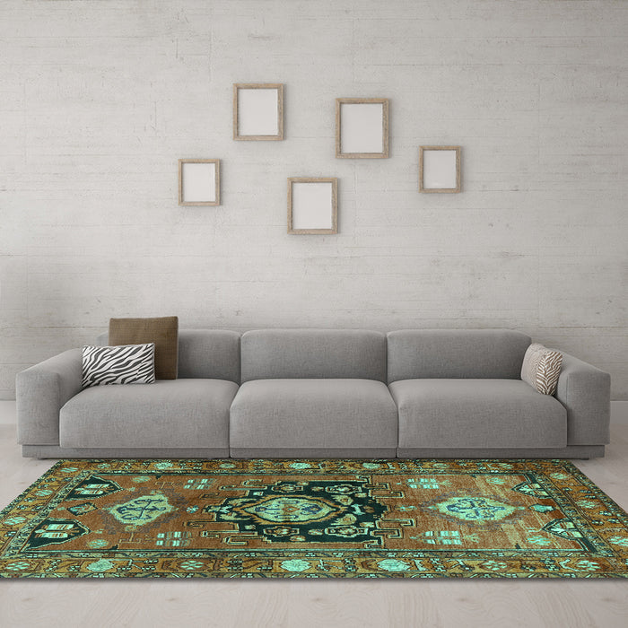 Machine Washable Persian Turquoise Traditional Area Rugs in a Living Room,, wshtr2821turq