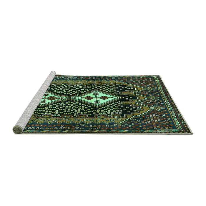 Sideview of Machine Washable Persian Turquoise Traditional Area Rugs, wshtr2822turq