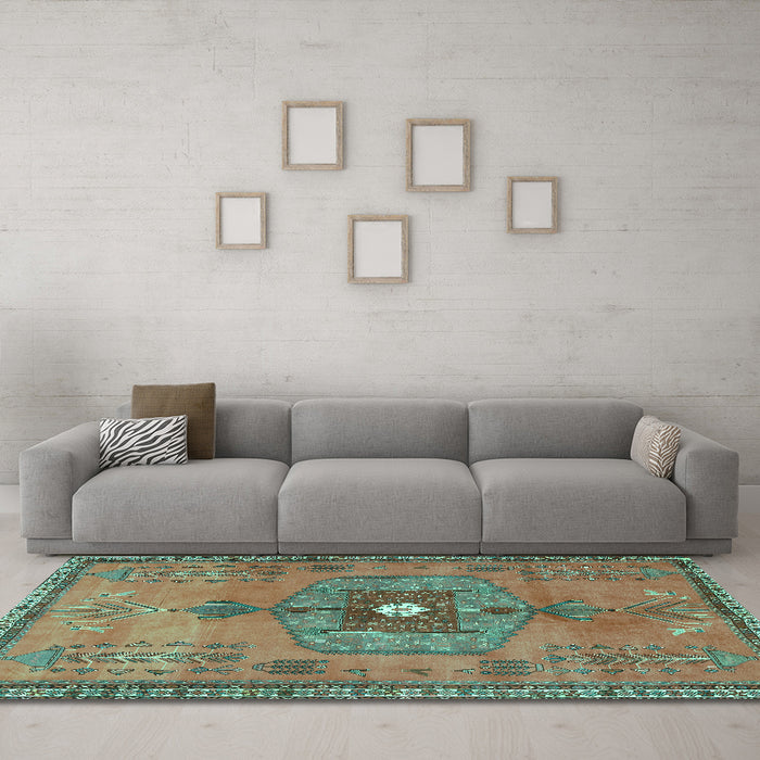 Machine Washable Persian Turquoise Traditional Area Rugs in a Living Room,, wshtr2823turq