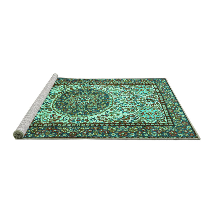 Sideview of Machine Washable Persian Turquoise Traditional Area Rugs, wshtr2824turq