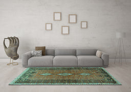 Machine Washable Persian Turquoise Traditional Area Rugs in a Living Room,, wshtr2825turq