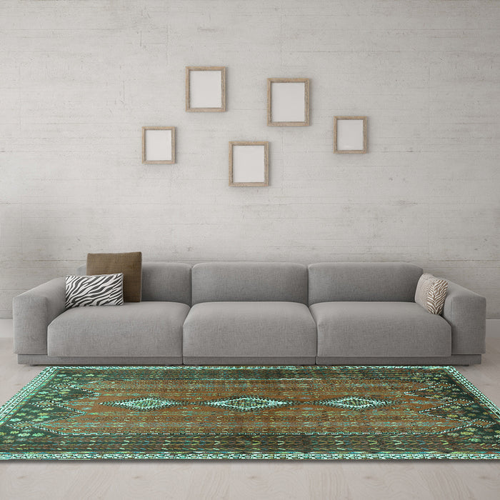 Machine Washable Persian Turquoise Traditional Area Rugs in a Living Room,, wshtr2825turq