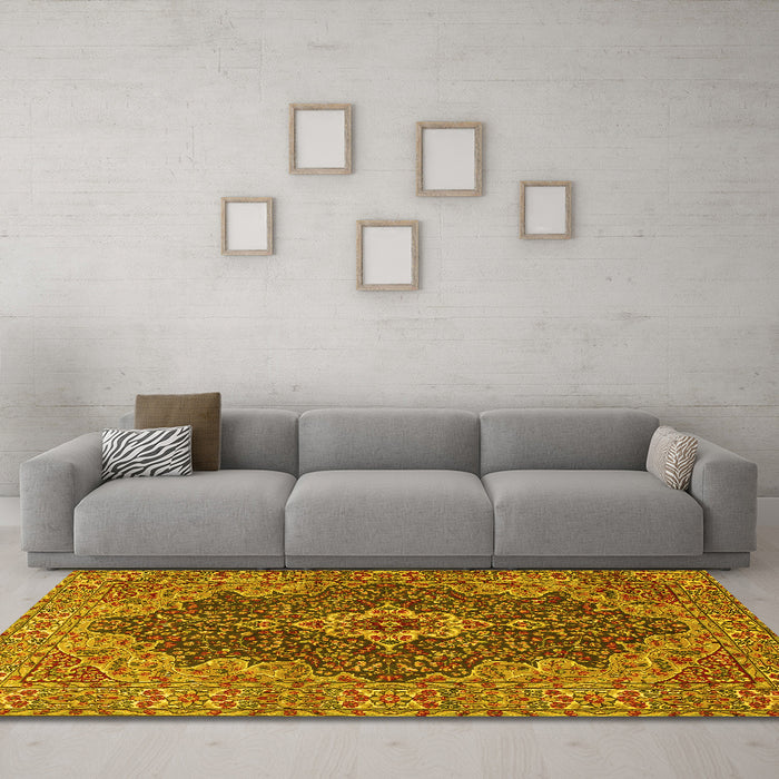 Machine Washable Persian Yellow Traditional Rug in a Living Room, wshtr2827yw