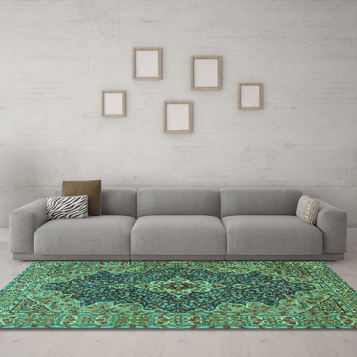 Machine Washable Persian Turquoise Traditional Area Rugs in a Living Room,, wshtr2827turq