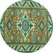 Round Machine Washable Geometric Turquoise Traditional Area Rugs, wshtr282turq