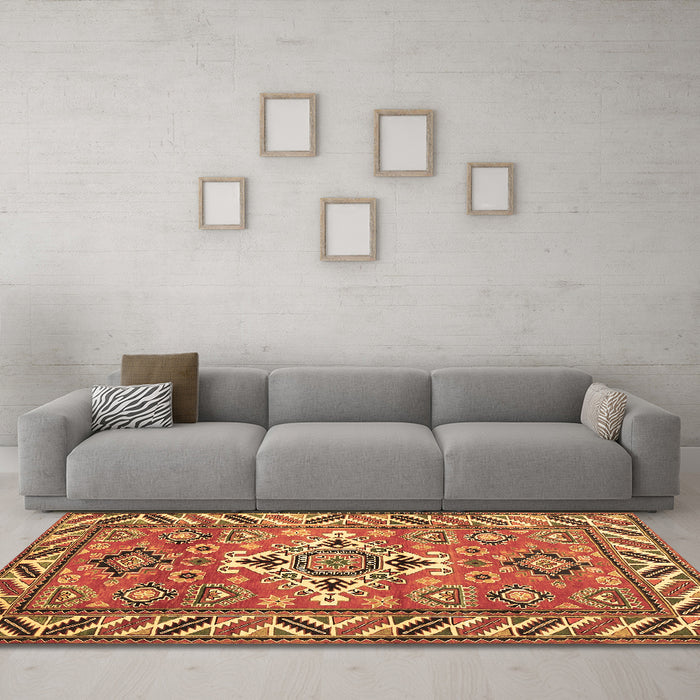Machine Washable Geometric Brown Traditional Rug in a Living Room,, wshtr282brn
