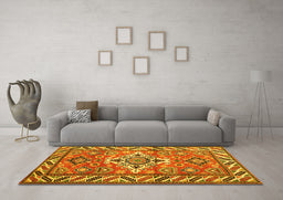 Machine Washable Geometric Yellow Traditional Rug in a Living Room, wshtr282yw