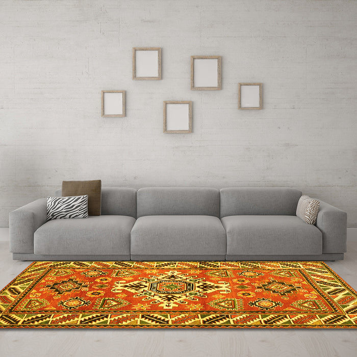 Machine Washable Geometric Yellow Traditional Rug in a Living Room, wshtr282yw