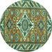 Round Geometric Turquoise Traditional Rug, tr282turq