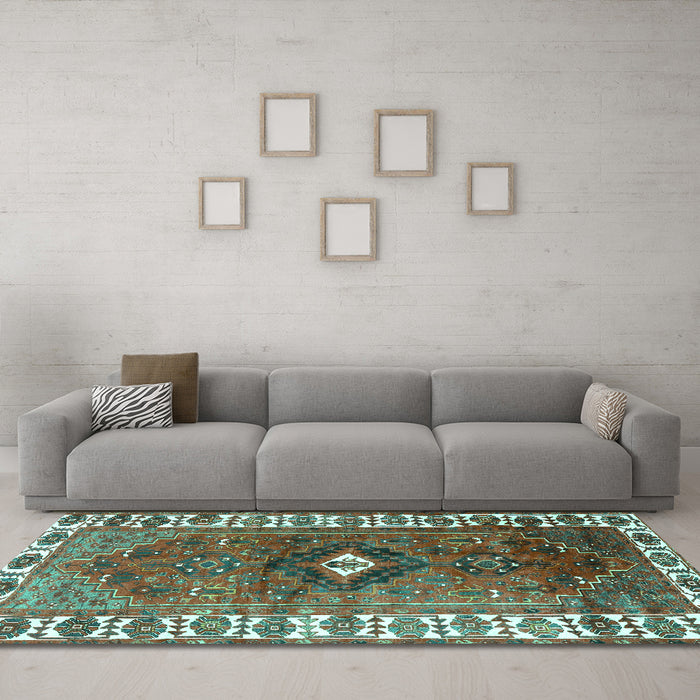 Machine Washable Persian Turquoise Traditional Area Rugs in a Living Room,, wshtr2830turq